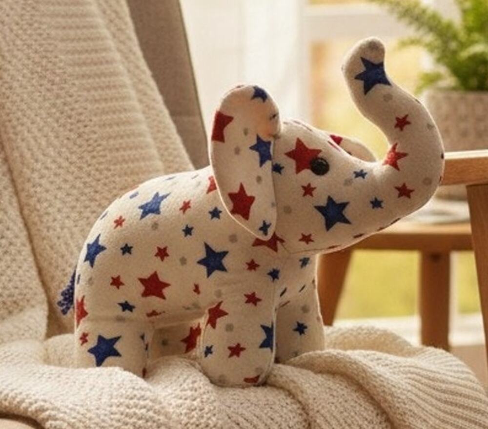 Patriotic Elephant Plush Red White Blue Stars Stuffed Animal 16" x 12" Toy